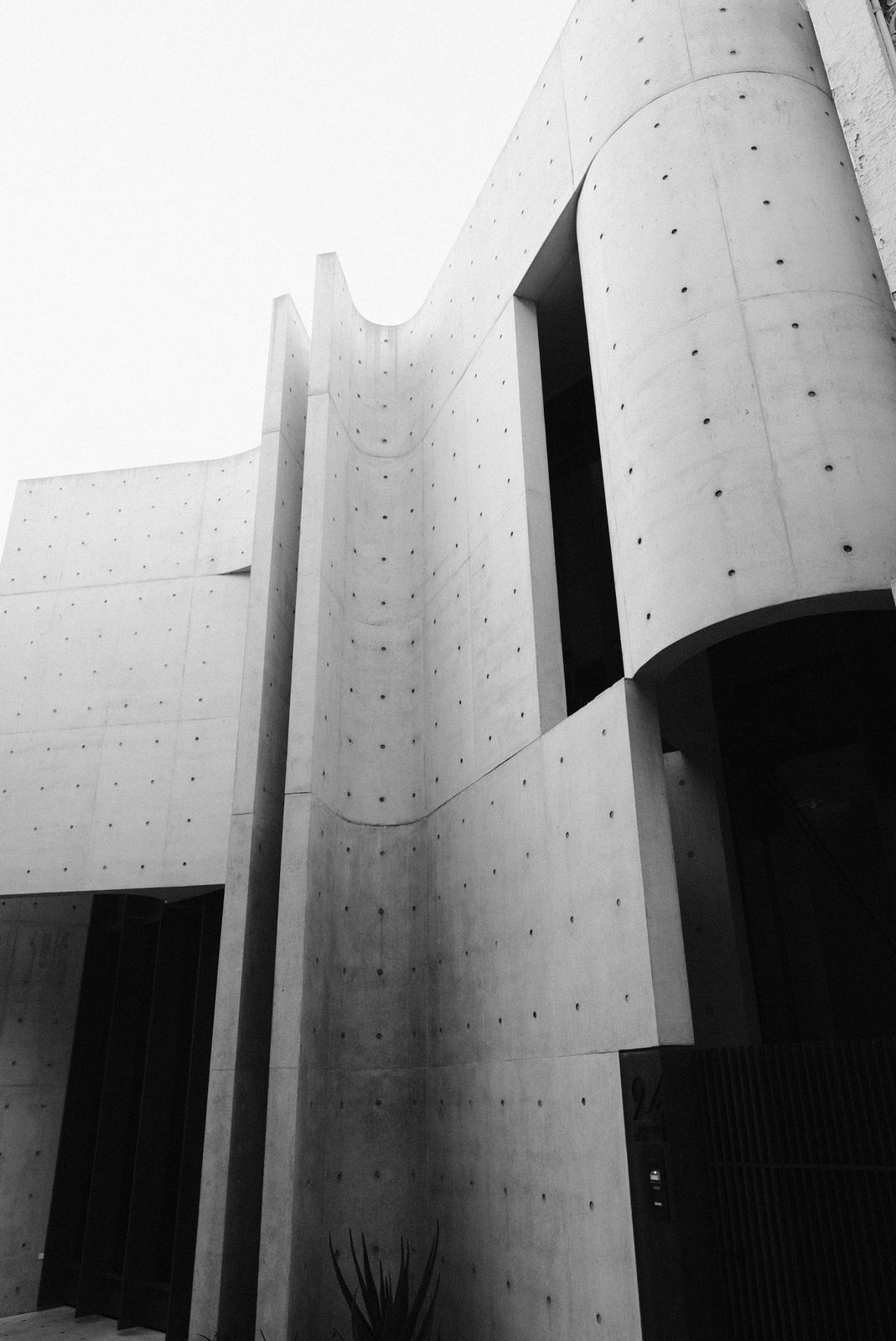 Board-formed concrete architecture in black and white