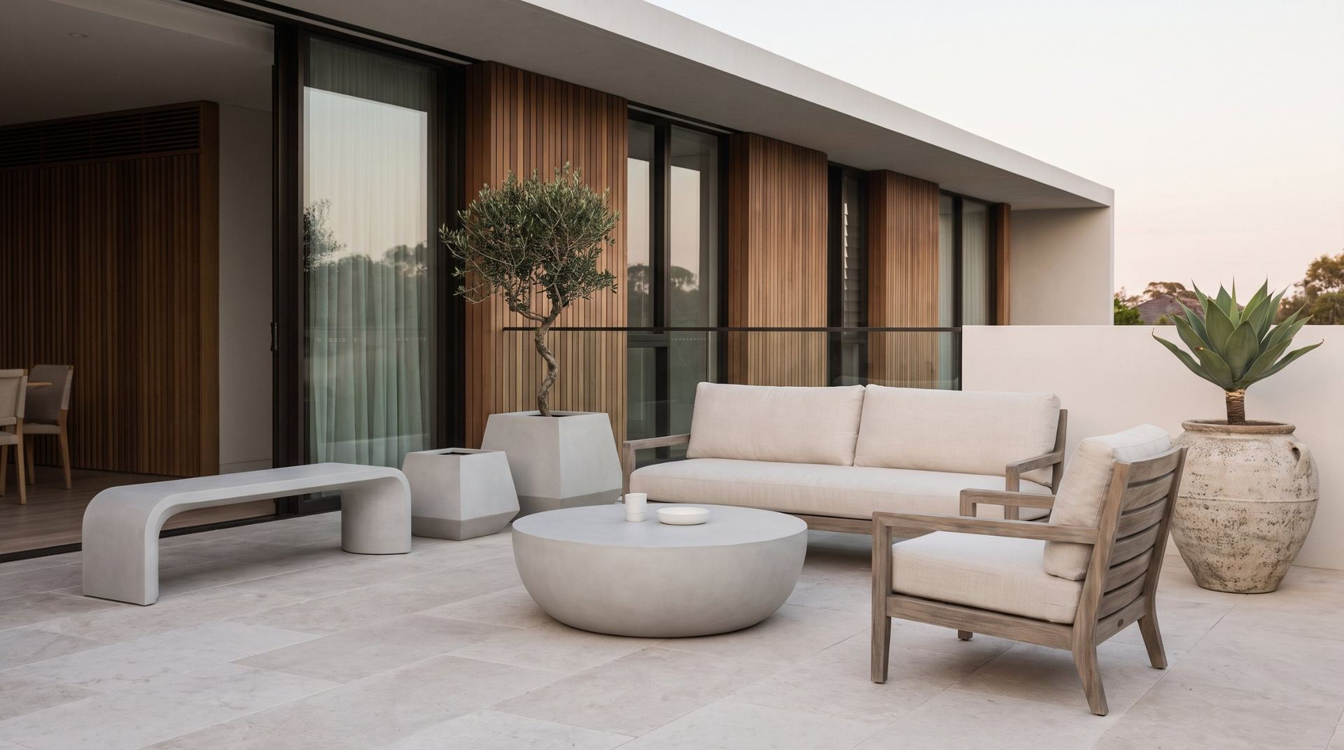Covered terrace with concrete table, bench and planters
