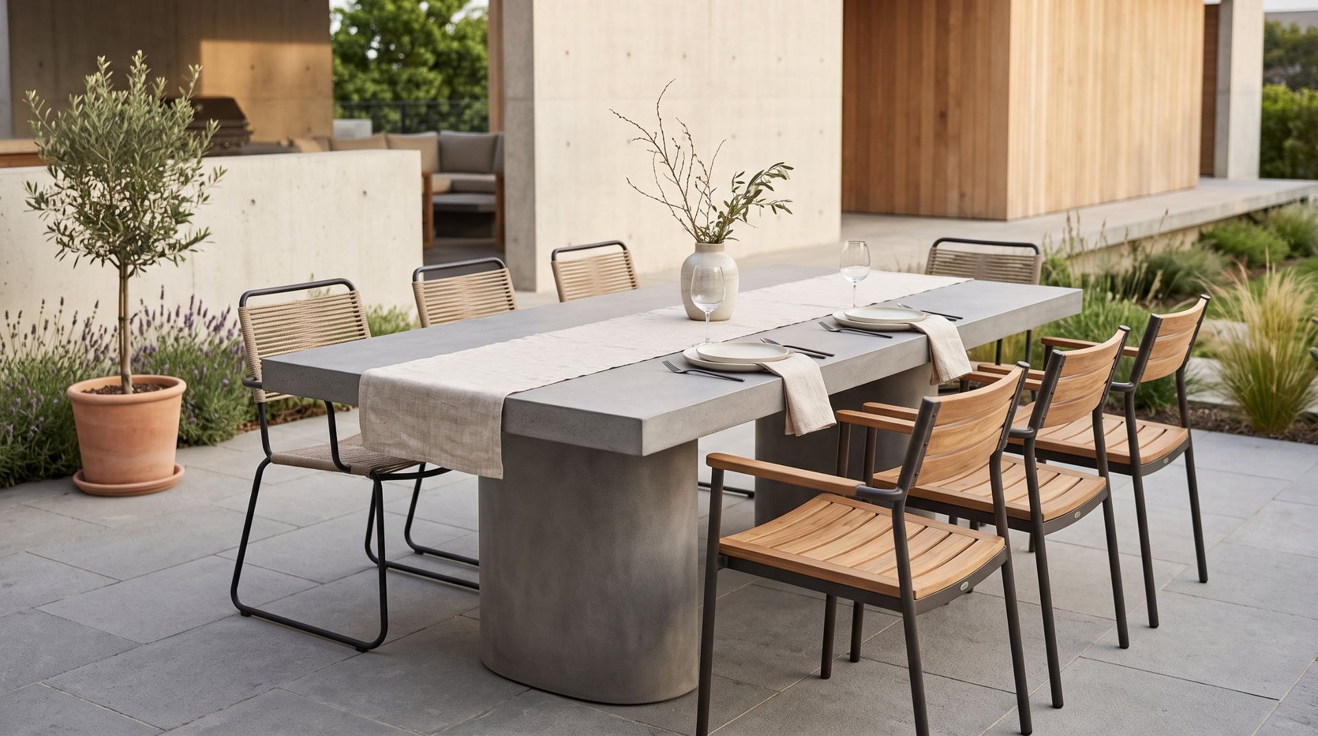 Concrete dining table on a terrace