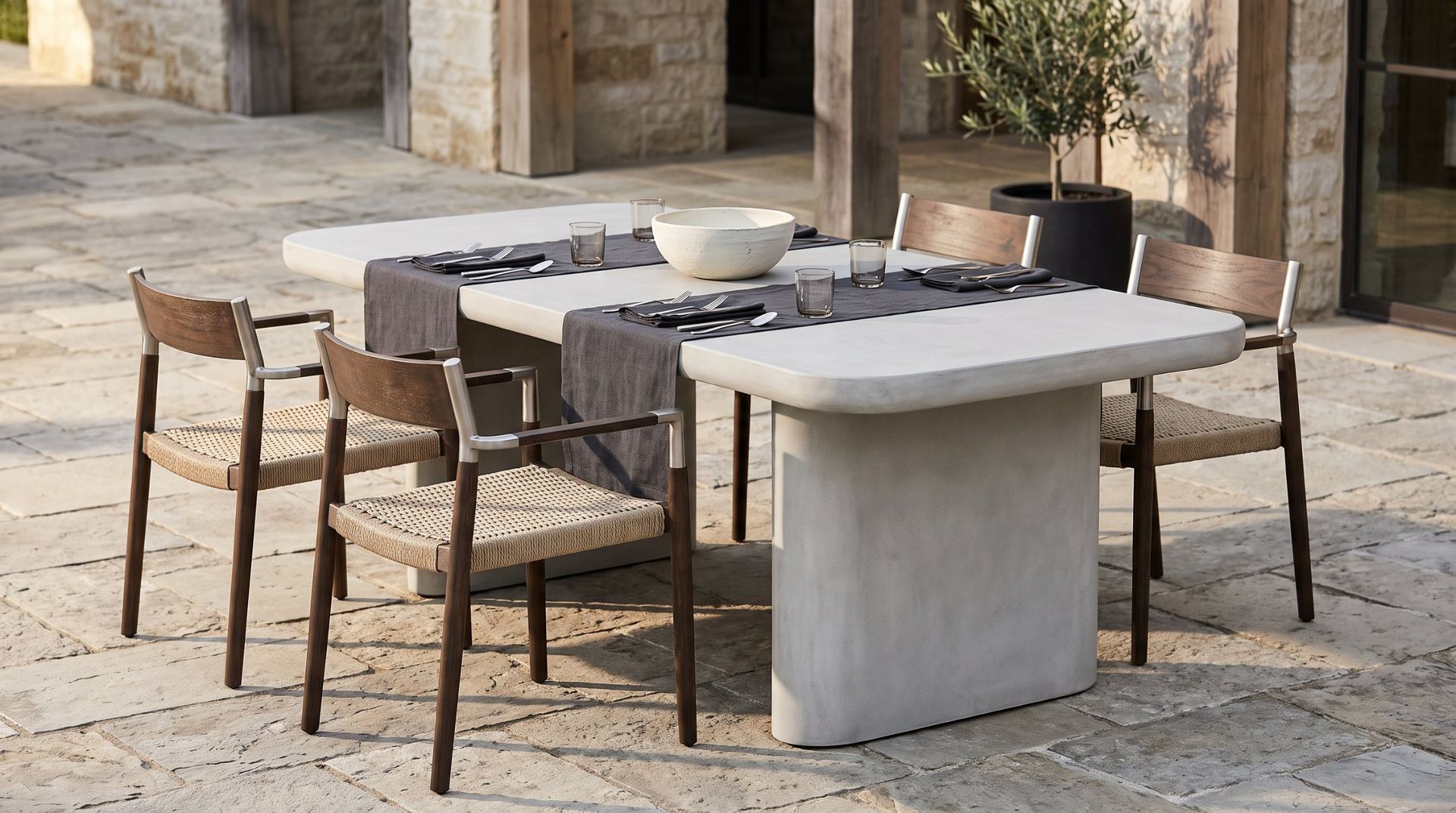 Concrete table on stone paving