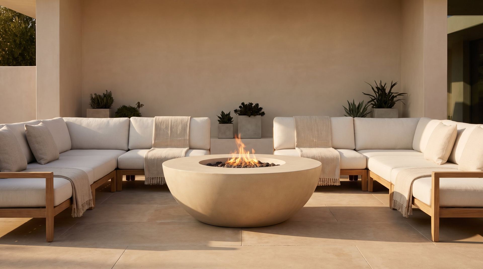 Round concrete fire bowl in a warm covered lounge