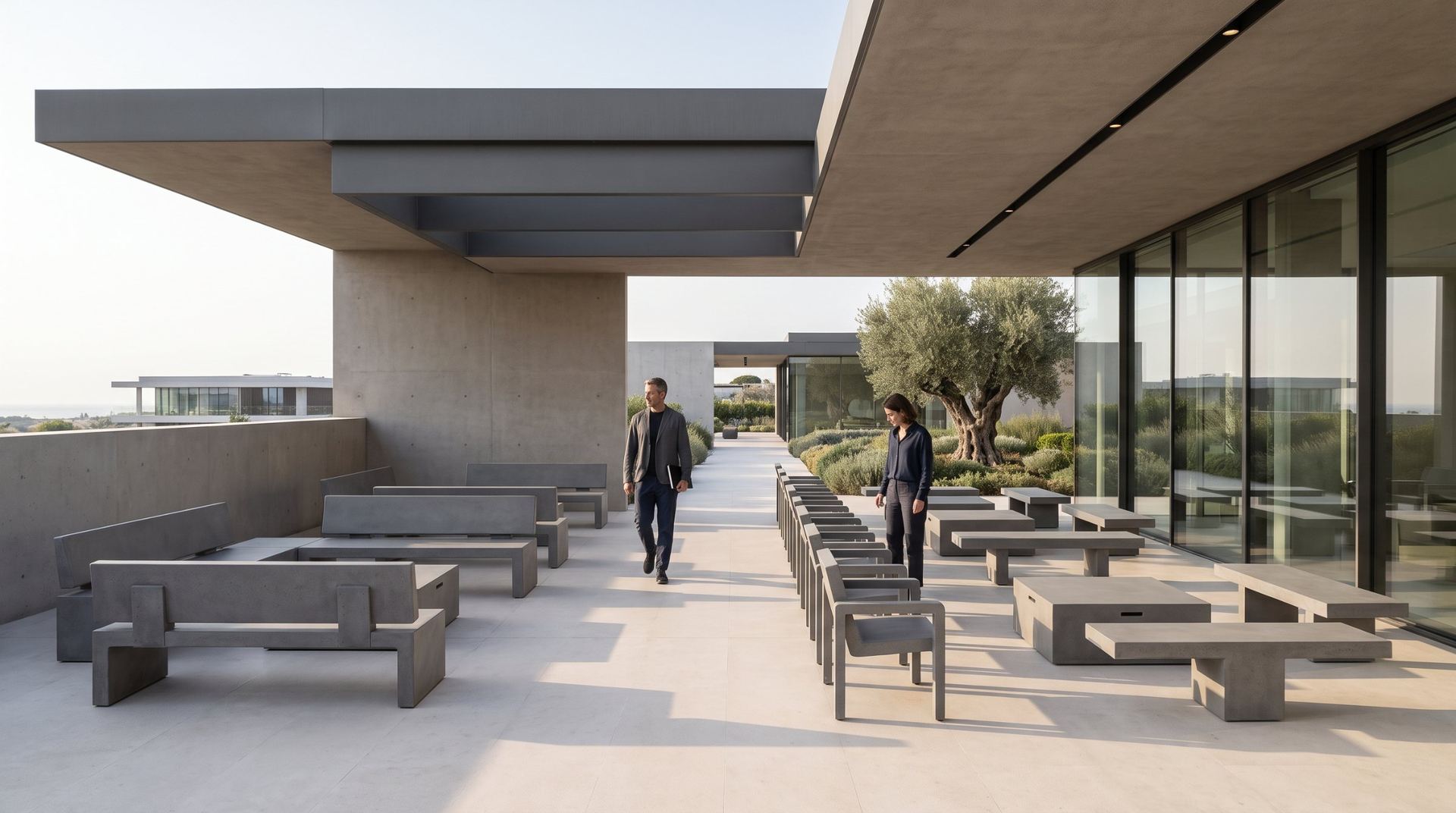 Terrace lined with concrete benches
