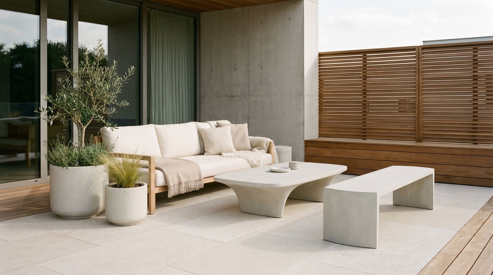 Concrete coffee table and bench on a deck