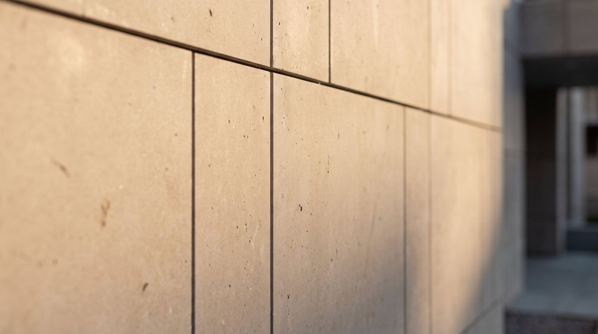Board-formed concrete wall panels in late light