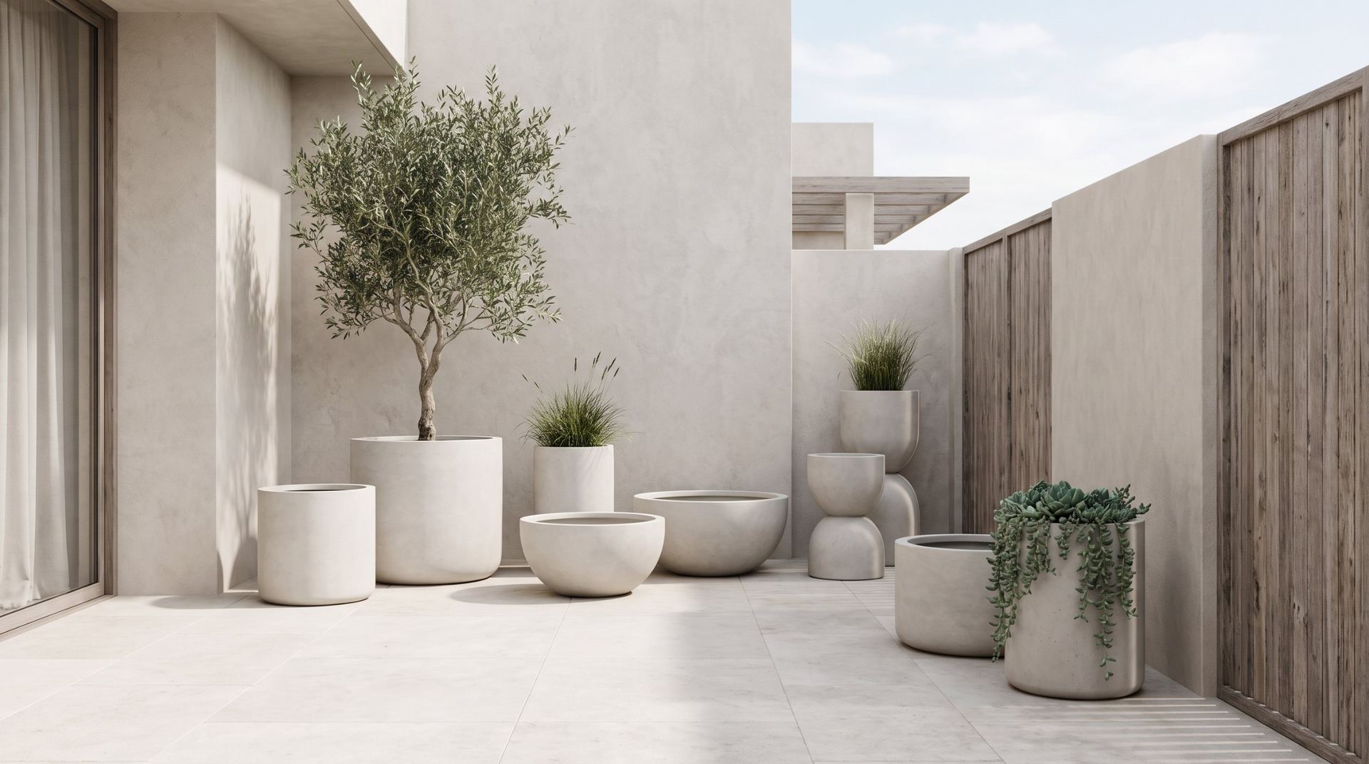 Concrete planters in a white courtyard