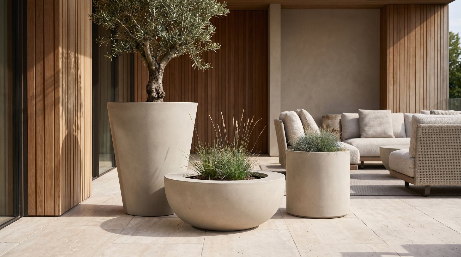Concrete planters on a covered terrace