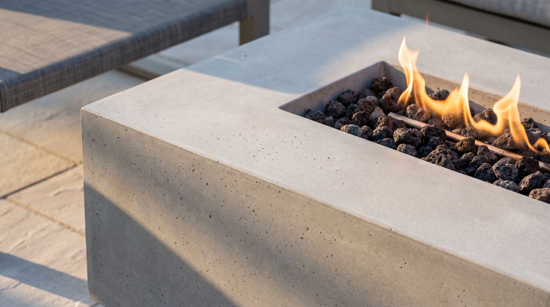 Concrete fire table on a hotel terrace